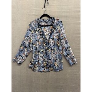 Cache Blouse Womens Large Floral Sheer Ruffle Button Up Long Sleeve Boho Top